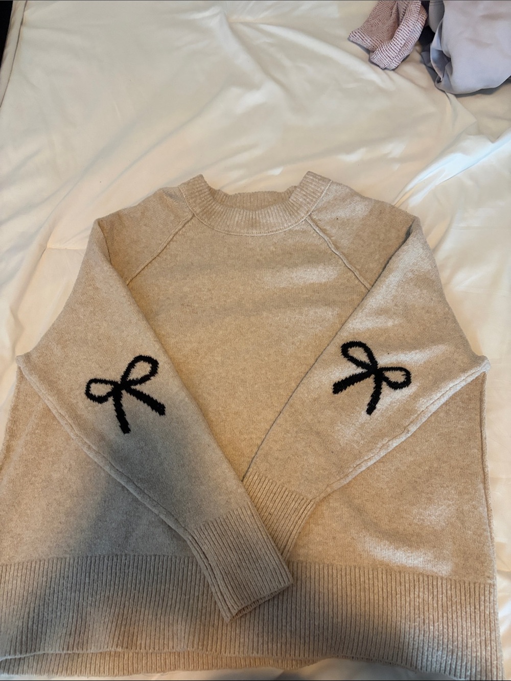 aerie Beige Crewneck Sweater with Black Bow Elbow Appliqués